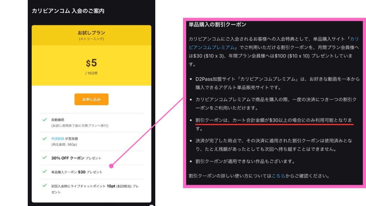 カリビアンコムの$5プラン特典クーポンの罠。30ドル以上購入しないと使えない極悪な利用条件