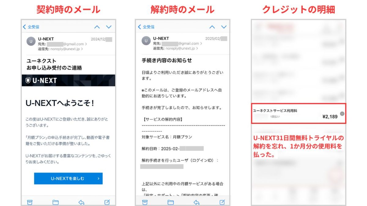 U-NEXT無料トライアル解約忘れによる課金の証拠画像