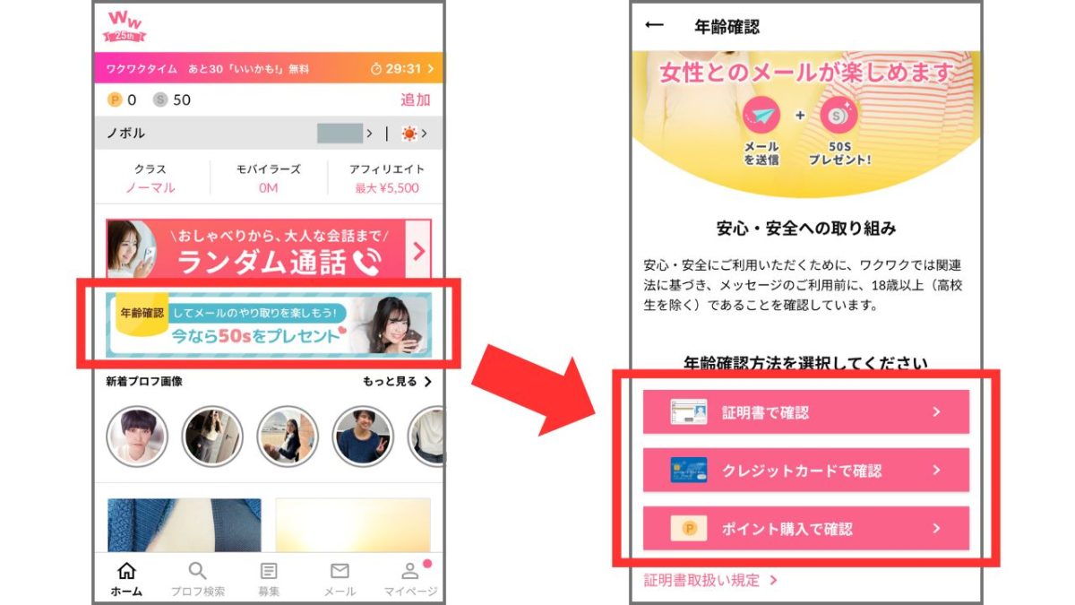 ワクワクメールの年齢確認画面